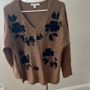 Chico's V-Neck Brown Sweater with Black Floral Pattern